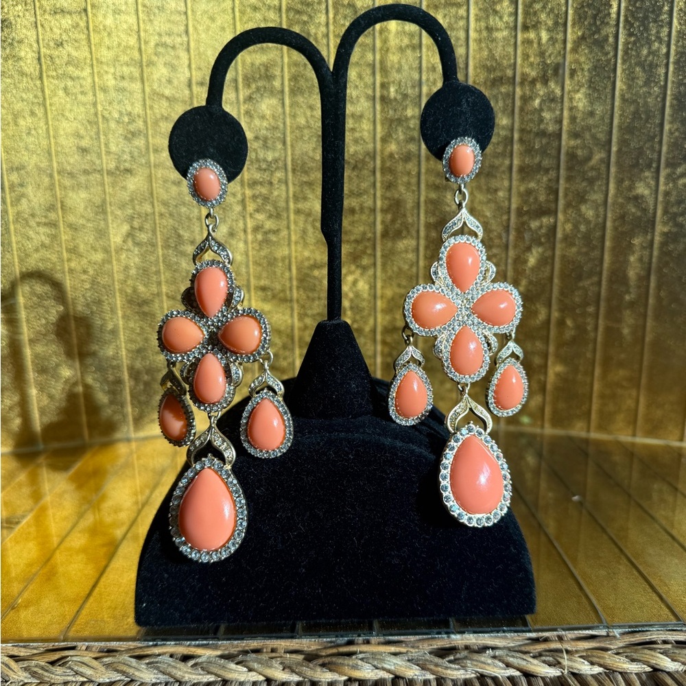 Lee Angel coral Austrian crystal chandelier earrings black tie